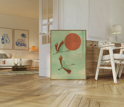 Flying Cranes and Red Sun Poster
