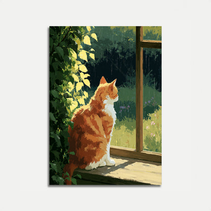 Ginger Cat Rainy Window Poster