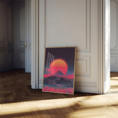 Retroer Synthwave-Sonnenuntergang Bergposter
