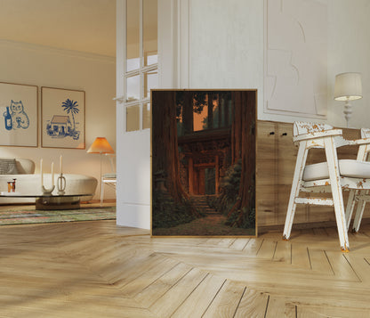 Ancient Temple Through Redwoods Poster