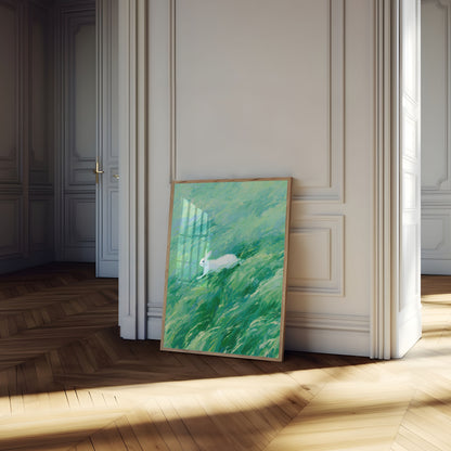 Witte Haas Rent Door Gras Poster