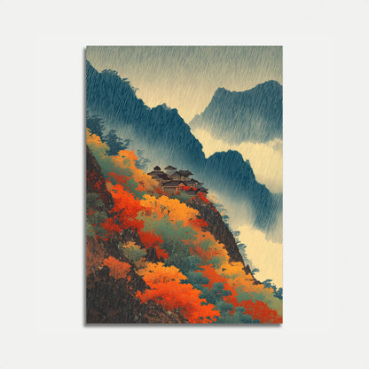 Asian Temple Mountain Rain Poster