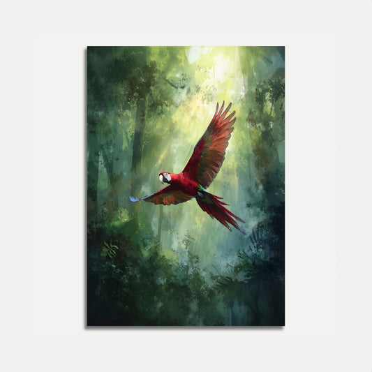 Póster de vuelo de guacamayo escarlata en el bosque