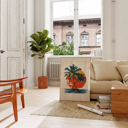 Póster de Playa con Puesta de Sol y Palmas Tropicales