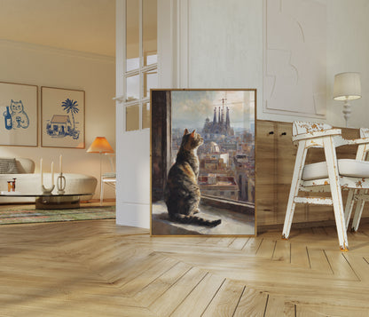 Cat Overlooking Barcelona Poster