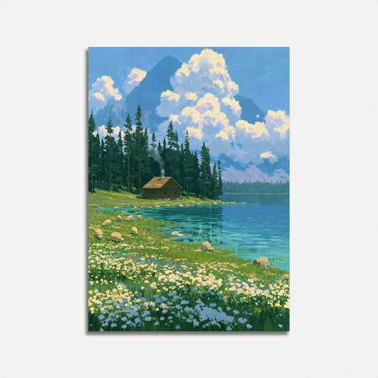 Bergsee-Hüttenkabinen-Landschaftsposter