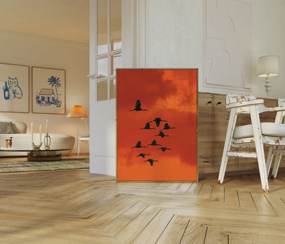 Affiche Grues Volantes Contre le Coucher de Soleil