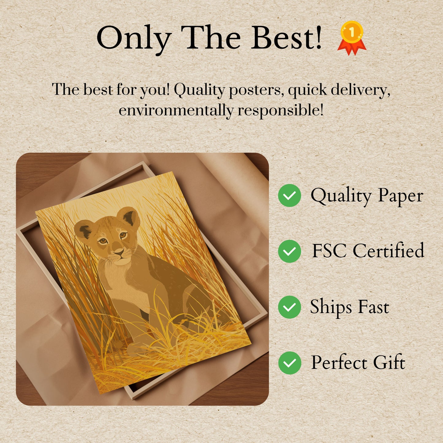 Young Lion in Golden Grassland Poster