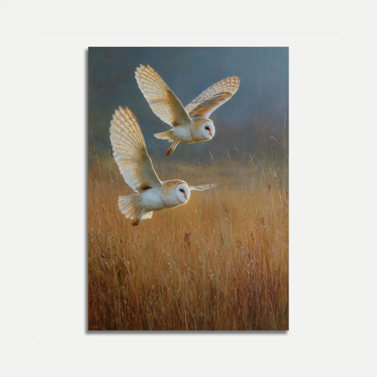 Schleiereulen bei der Jagd in der Abenddämmerung Poster