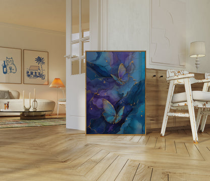 Póster Sueños de mariposa azul dorada