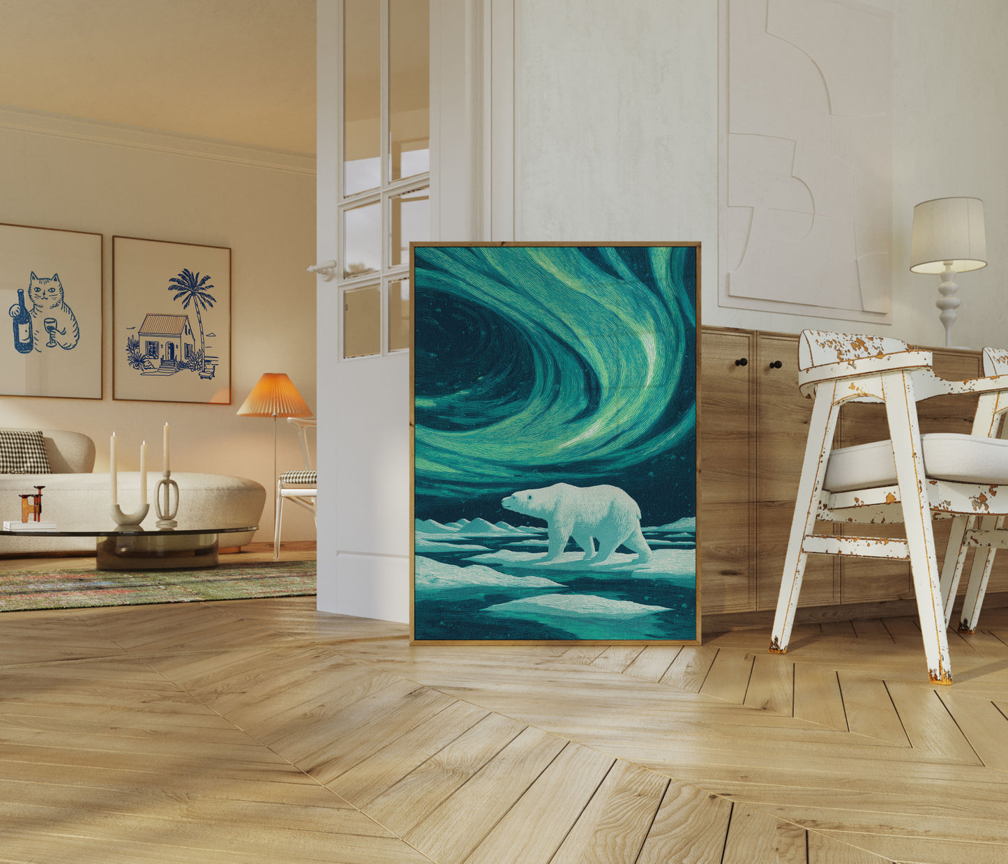 Polar Bear Under Aurora Borealis Poster