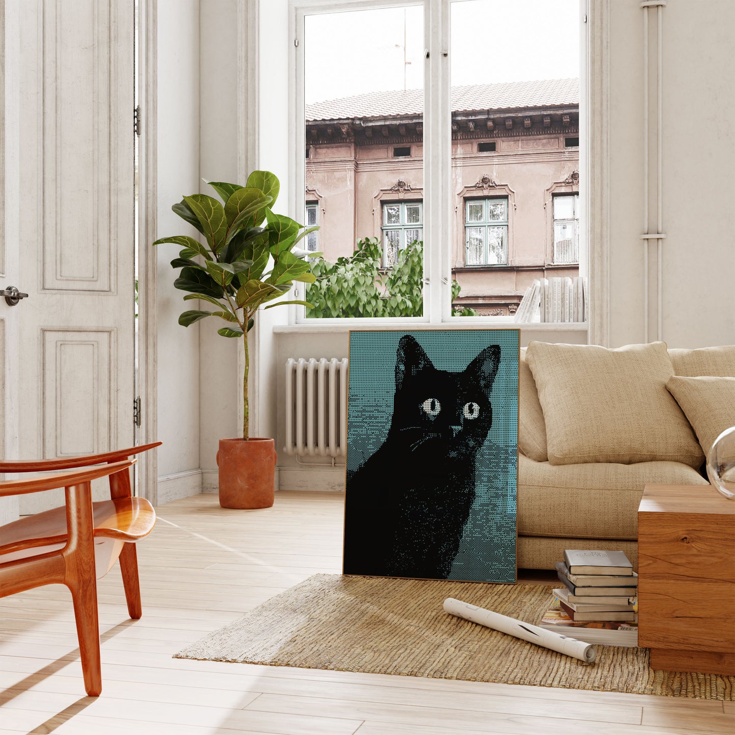Schwarze Katze mit leuchtenden Augen Poster