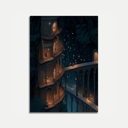 Medieval Tower Night Lights Poster