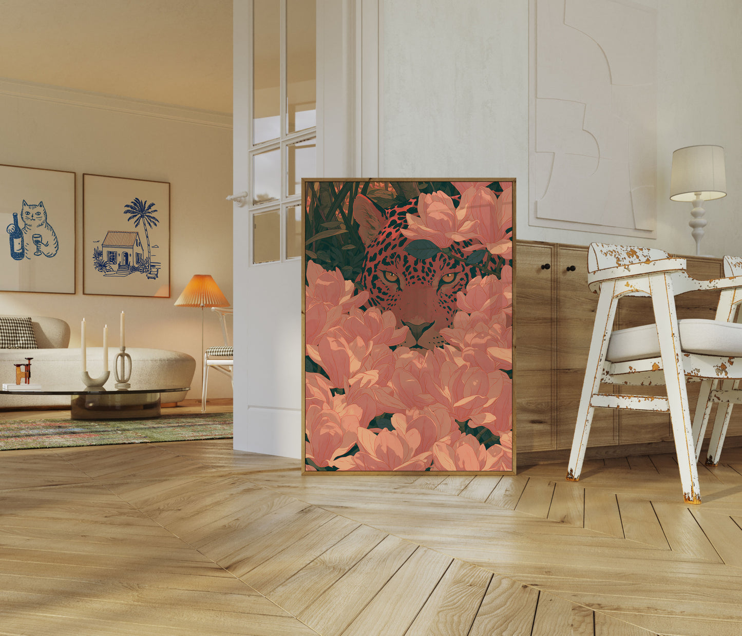 Leopard Among Pink Flowers Poster