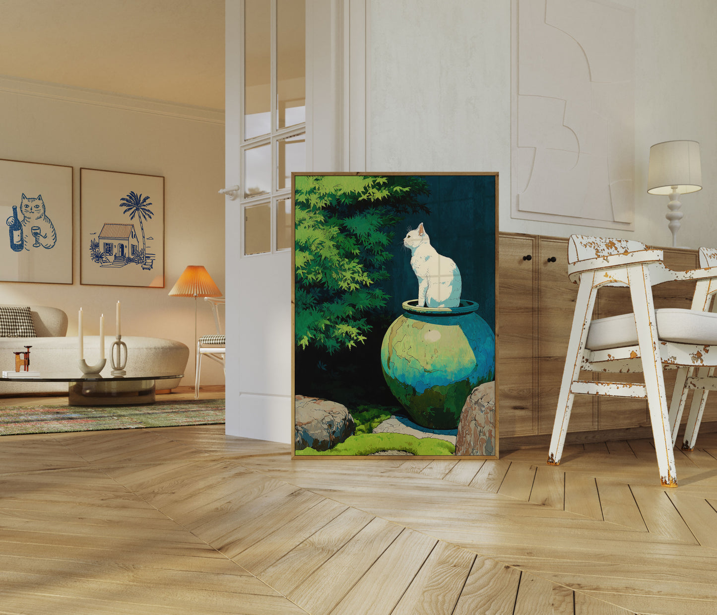 White Cat on Earthen Pot Poster