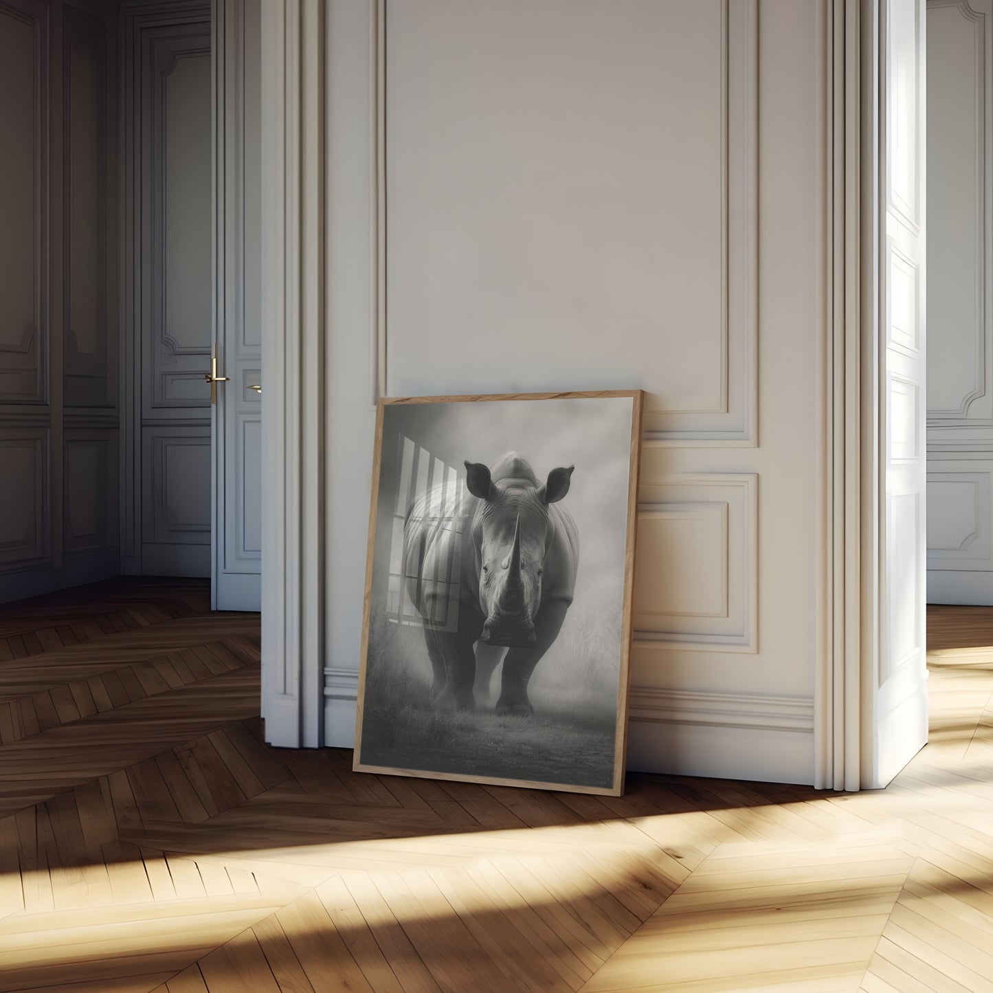 Póster de un majestuoso rinoceronte en una pradera brumosa