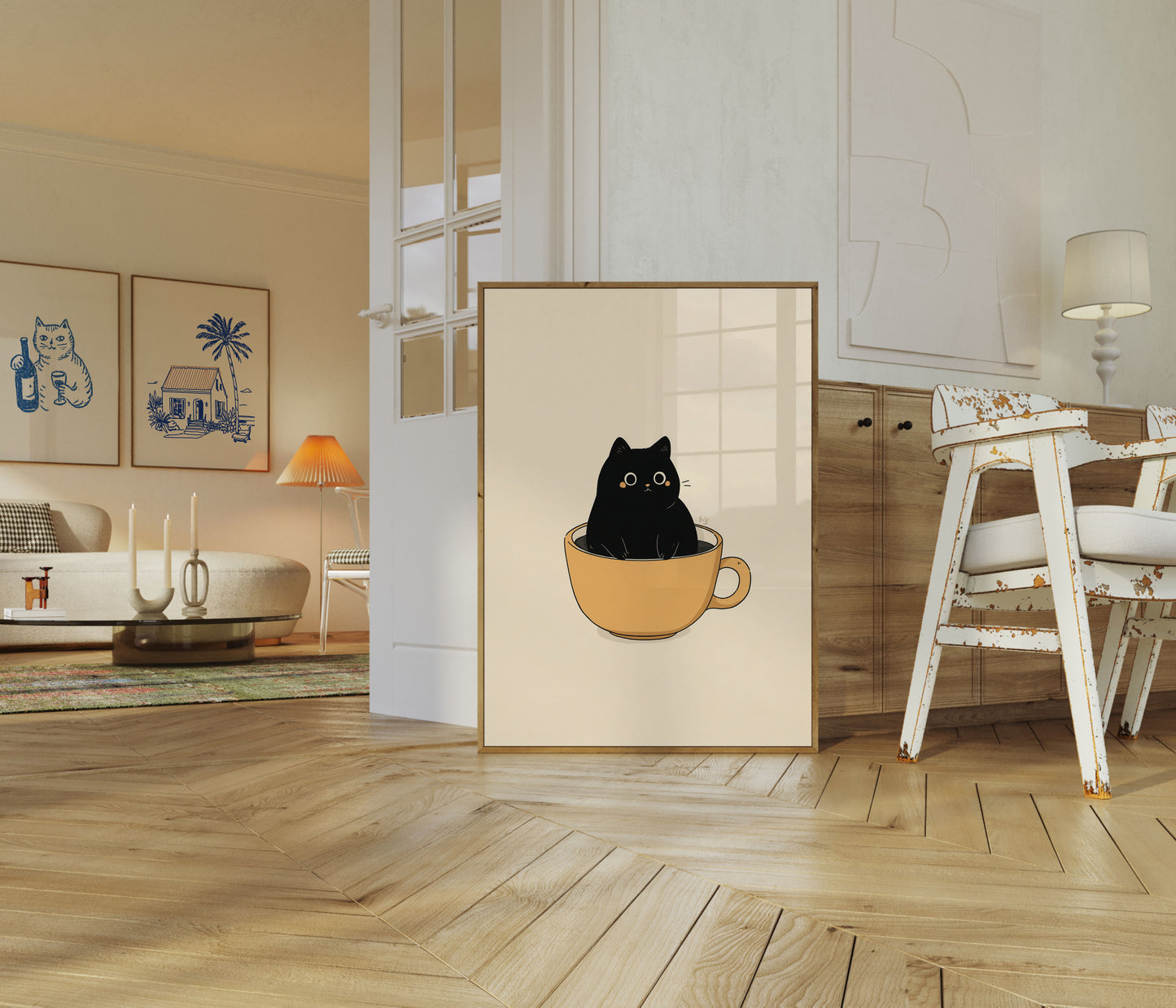 Black Cat in Coffee Cup Poster