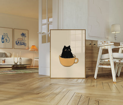 Black Cat in Coffee Cup Poster