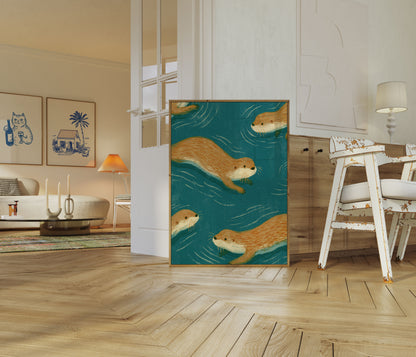 Lontre che nuotano in acqua turchese - Poster