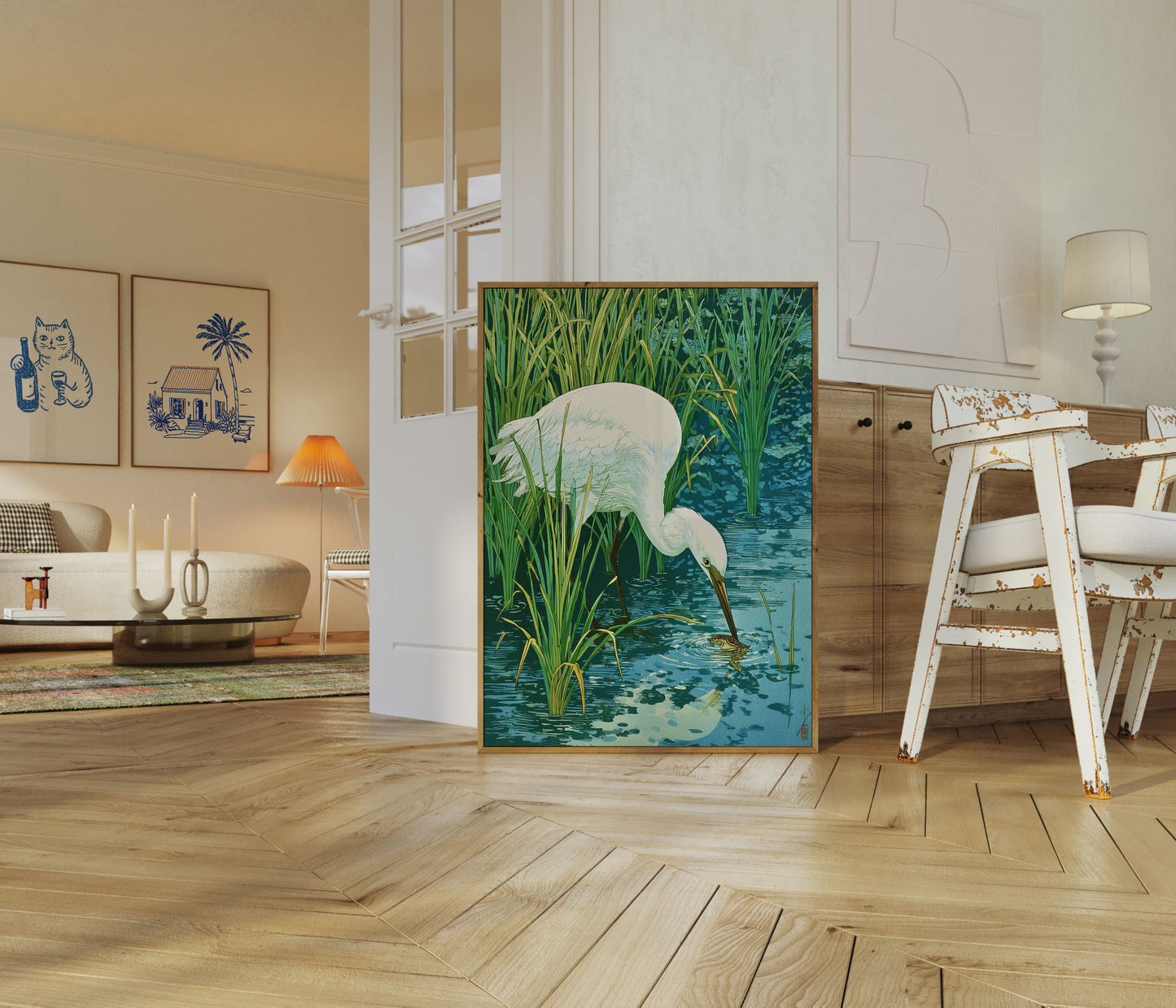 White Egret Fishing in Wetlands Poster