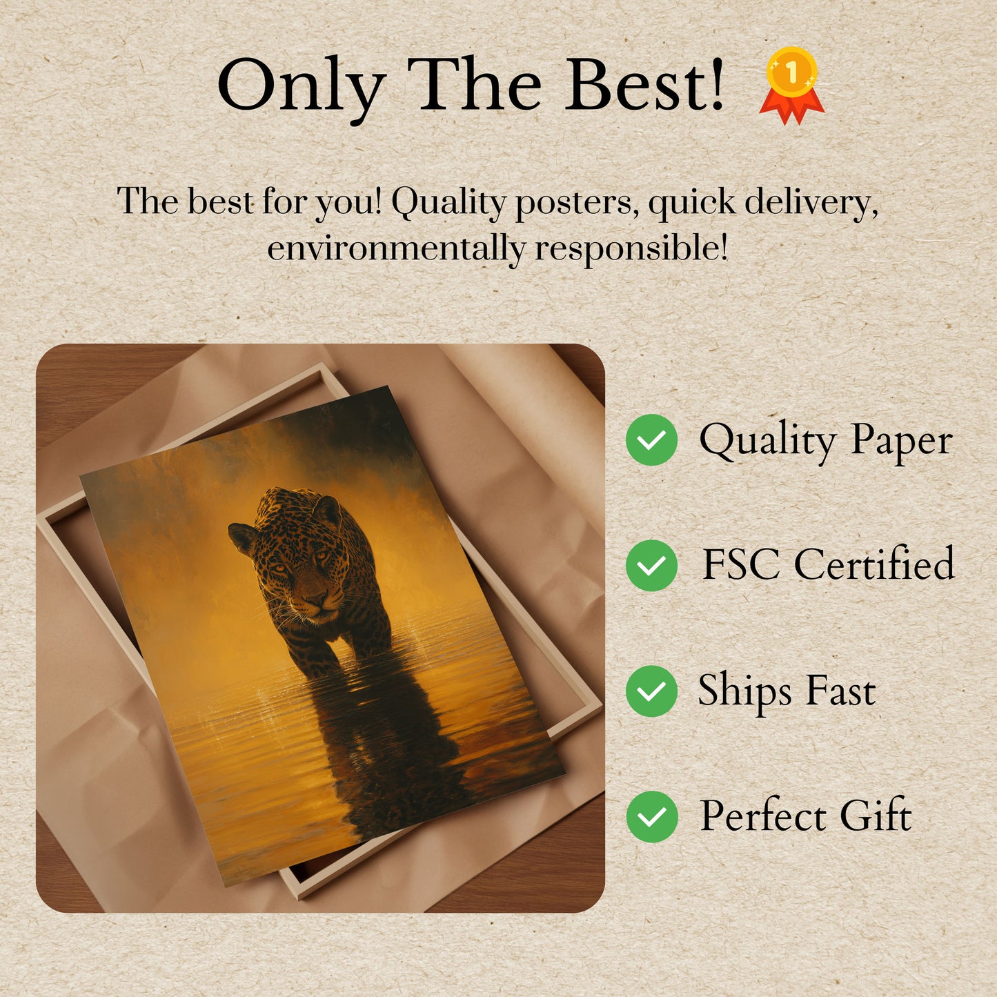 Affiche Jaguar Marchant dans l'Eau Dorée