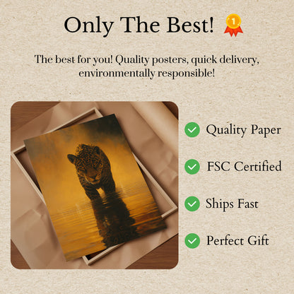 Affiche Jaguar Marchant dans l'Eau Dorée