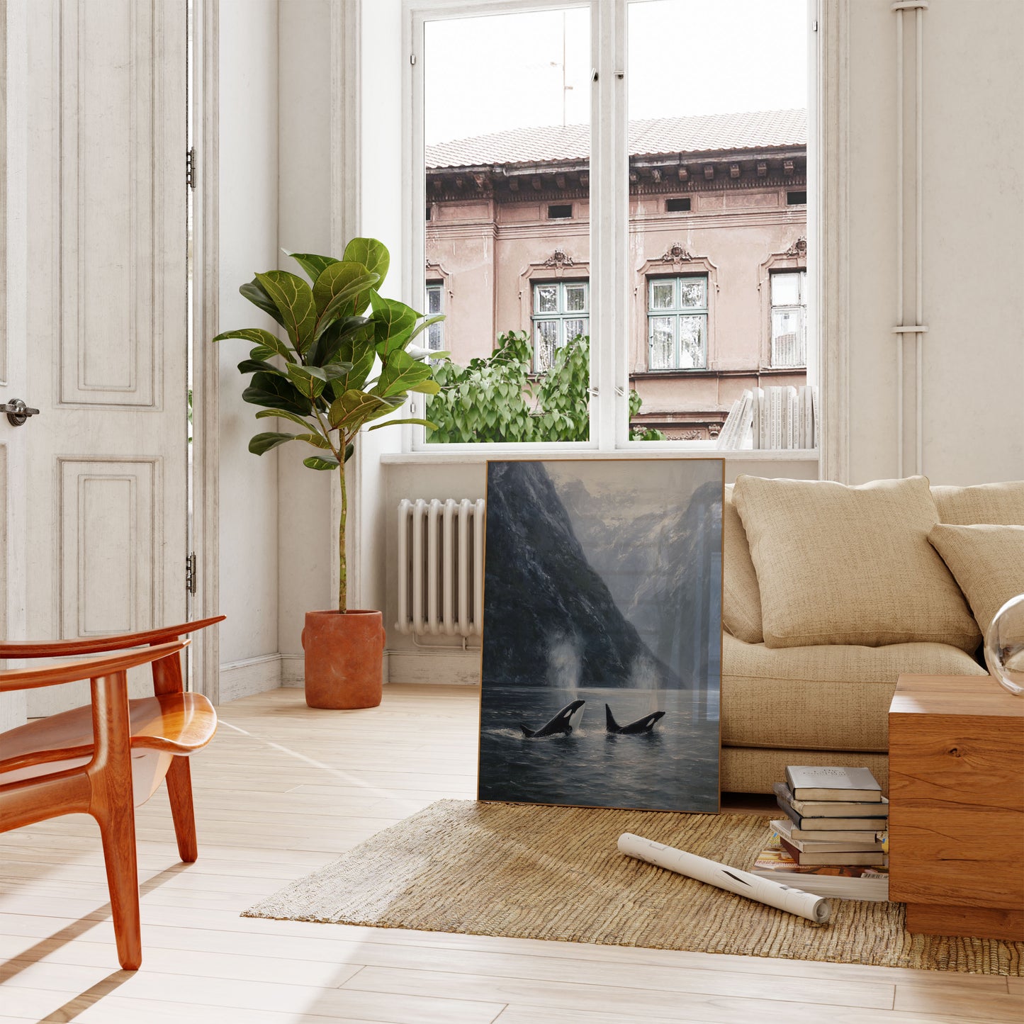 Orcas em Águas da Montanha Enevoada Pôster