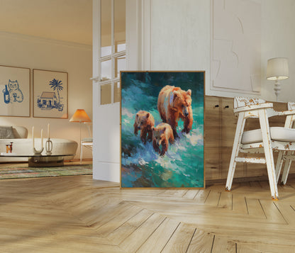 Bear Family in Turquoise Waters Poster