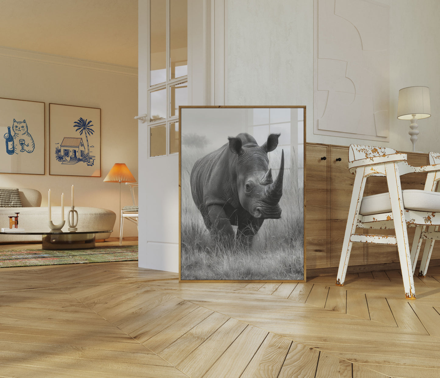 Póster de un majestuoso rinoceronte en la pradera