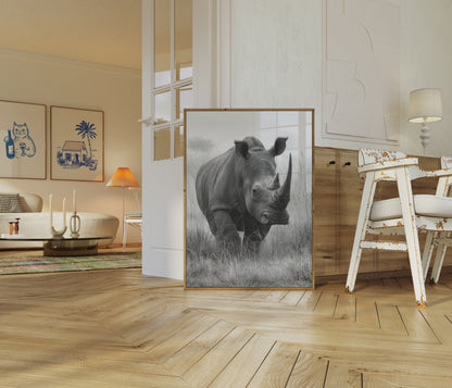 Póster de un majestuoso rinoceronte en la pradera