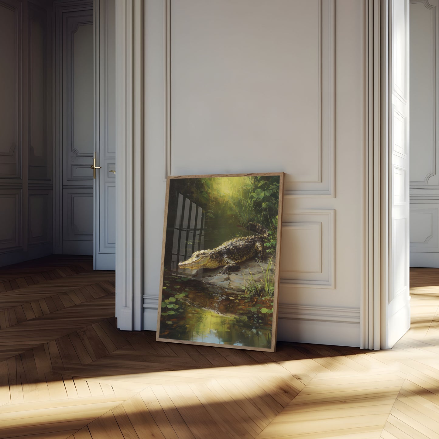 Póster de humedales de caimanes iluminados por el sol