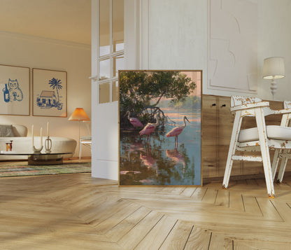Roze Flamingo's in Mangroves Poster