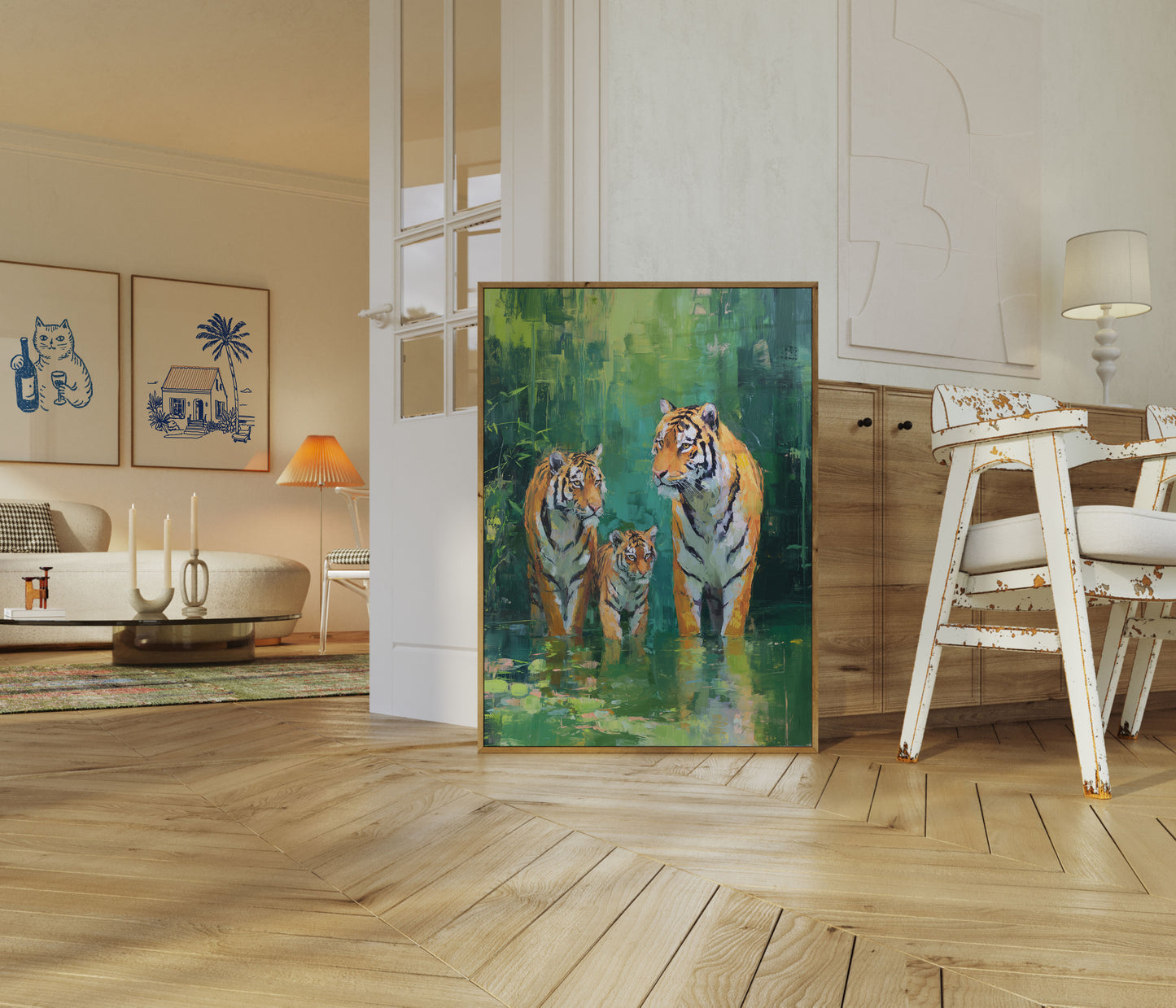 Rodina tygrů v zelených vodách Plakát