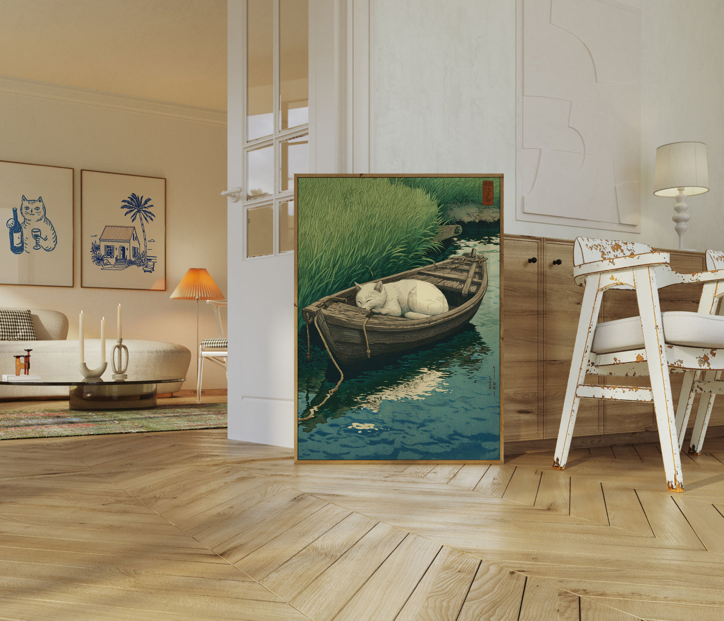 White Cat in Wooden Boat Poster