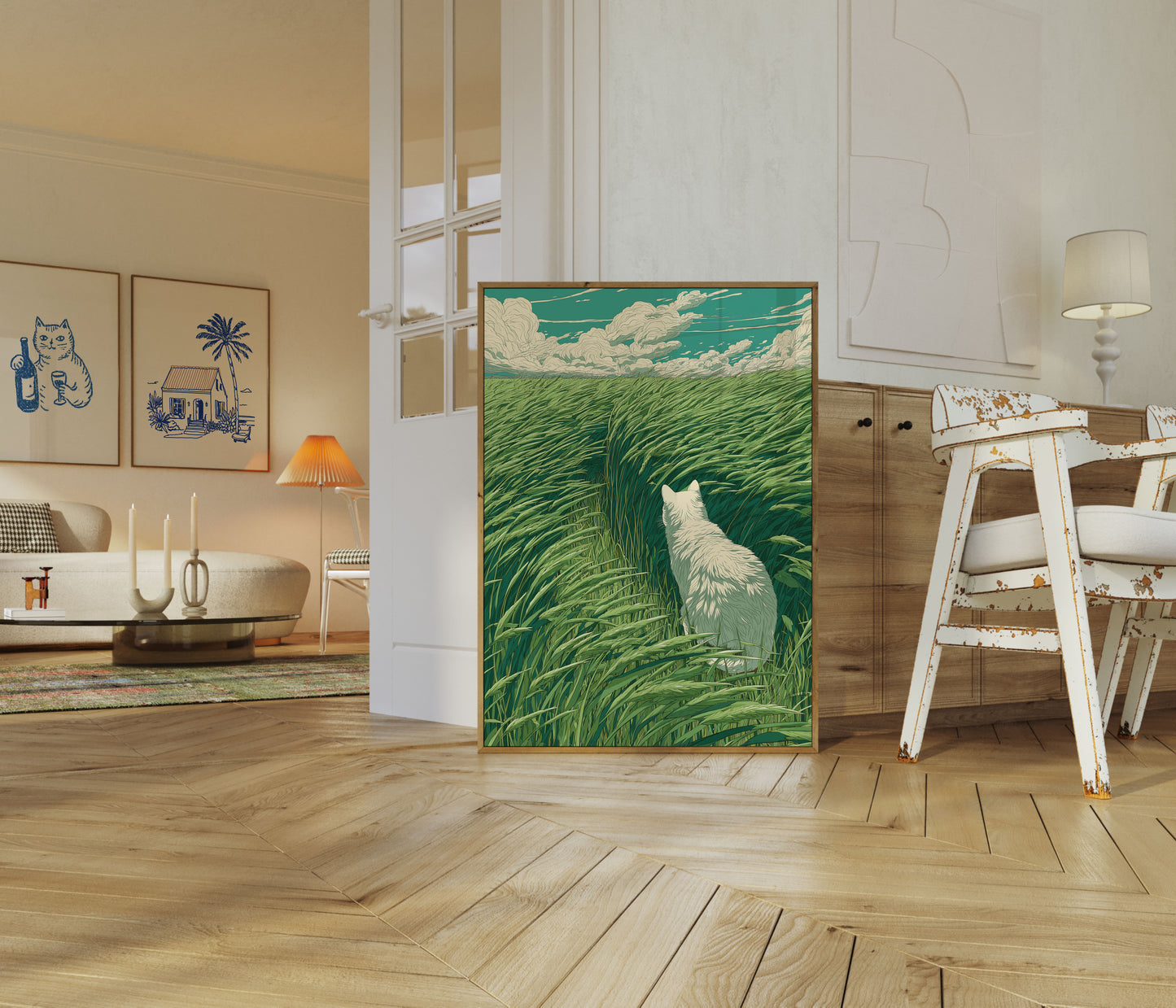 White Cat in Grassland Poster