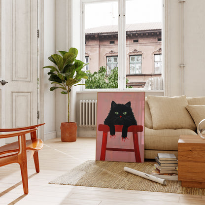 Noir Cat on Red Stool Poster