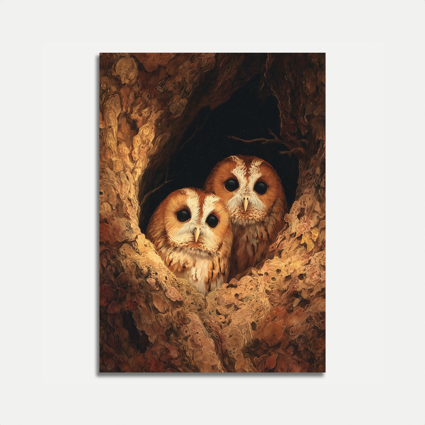 Owls in Hollow Tree Poster