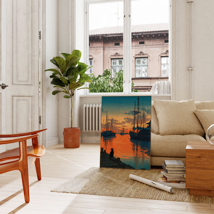 Kat ser sejlbåde ved solnedgang plakat