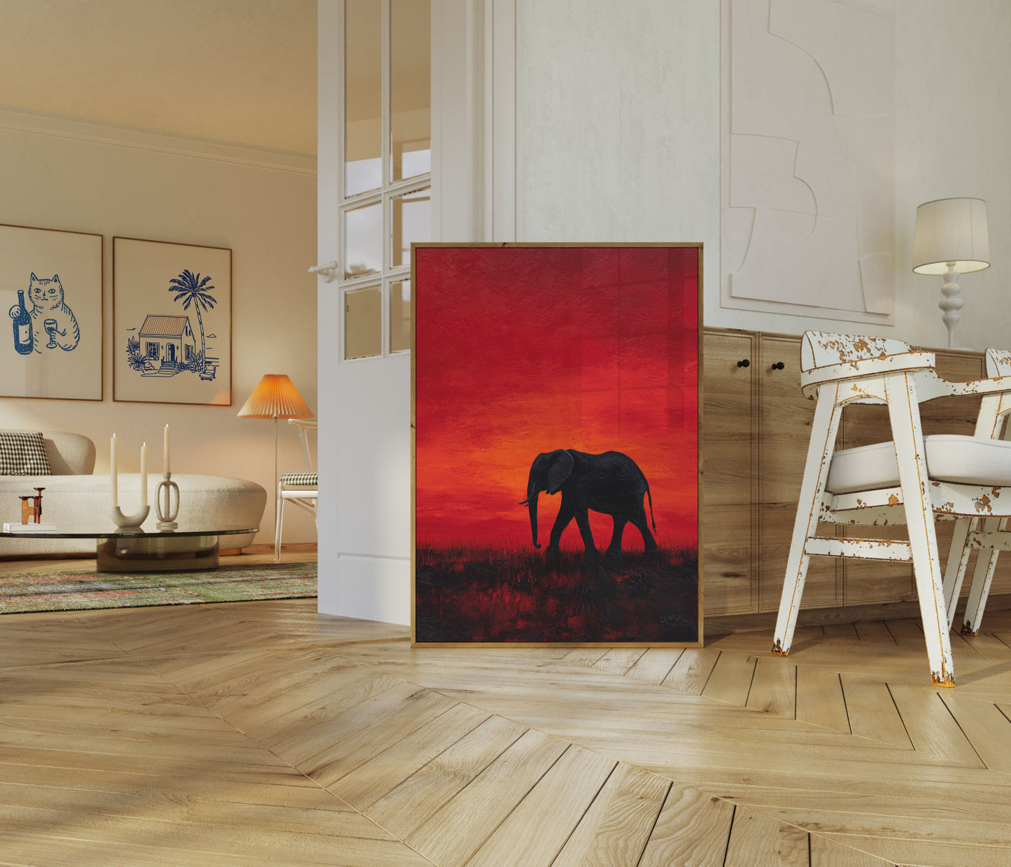 Affiche Silhouette d'Éléphant au Coucher de Soleil