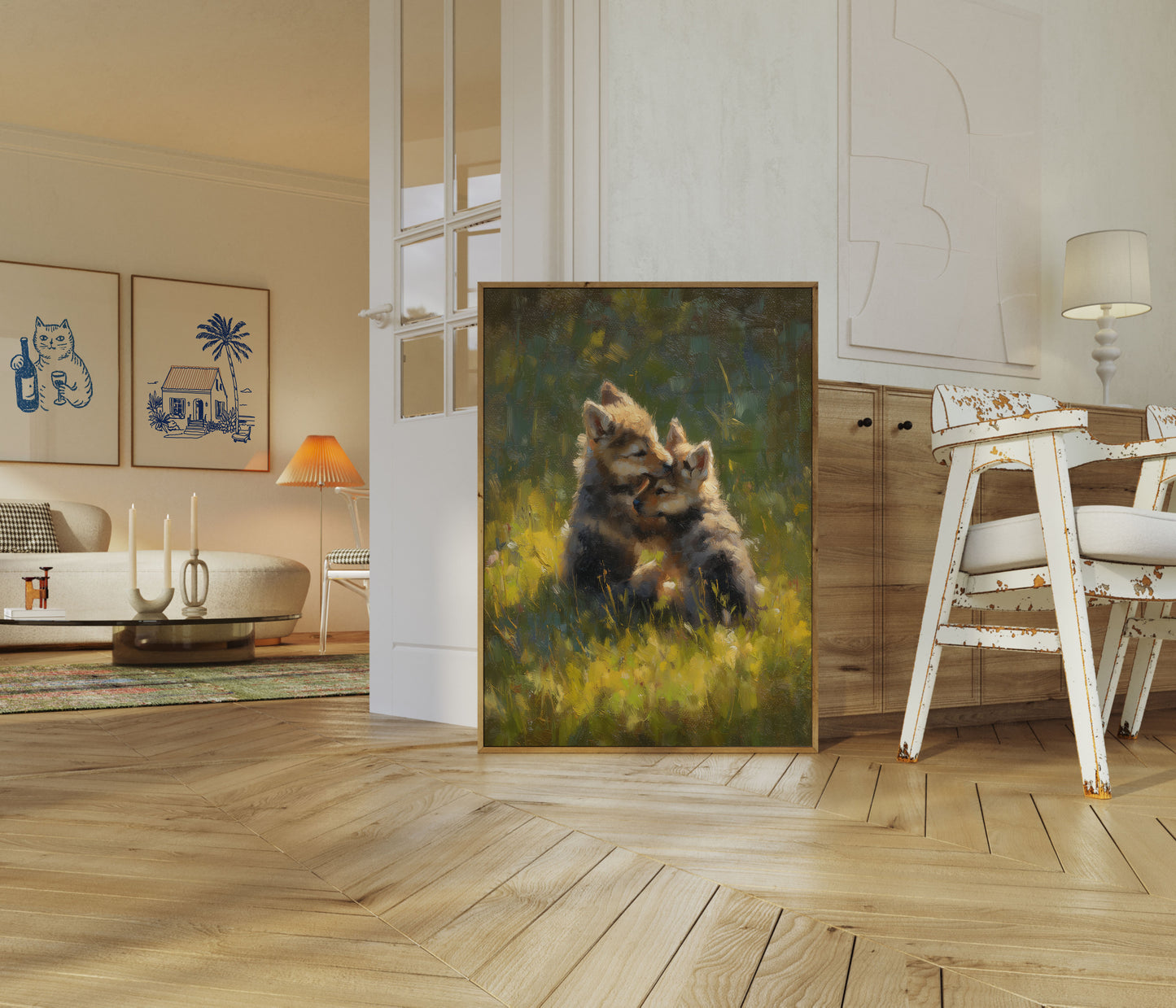 Corgi-valper i ville blomster-eng plakat