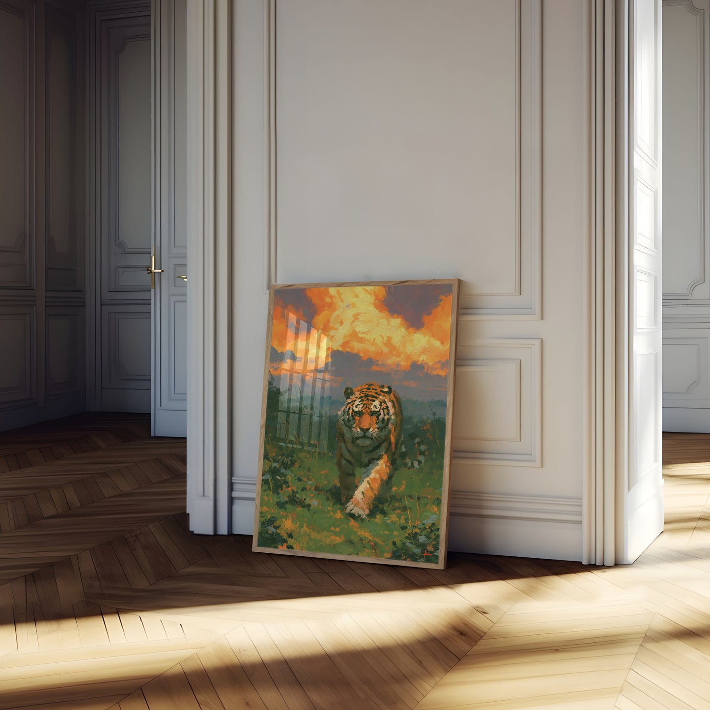 Tiger Striding Through Grassland Poster