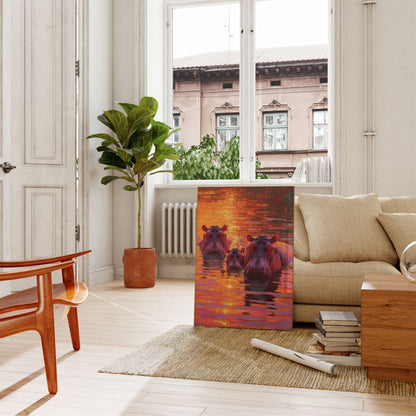 Hippos in Golden Sunset Poster