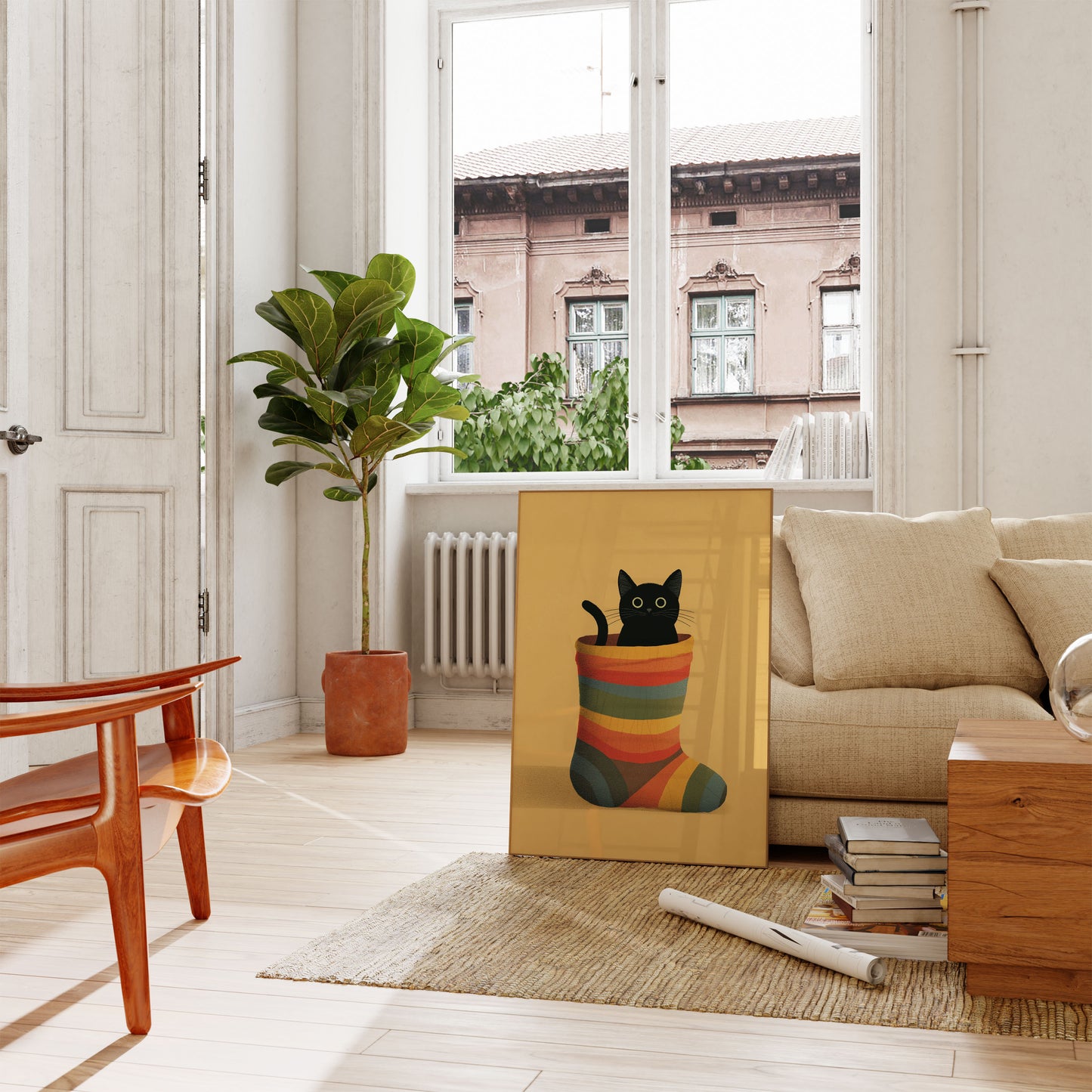 Schwarze Katze in gestreiftem Strumpf Poster