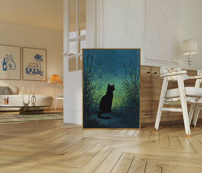 Cat Among Fireflies Night Poster