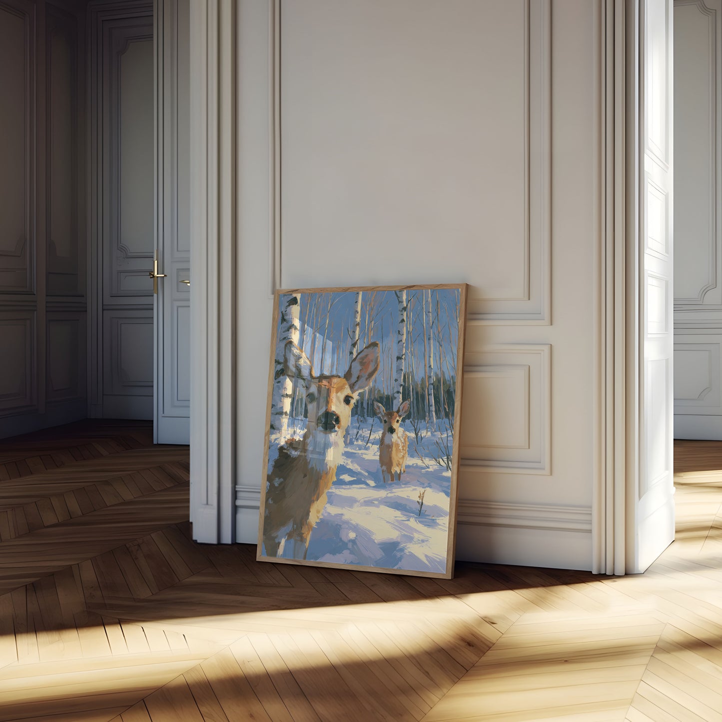 Winter Deer in Birch Forest Poster