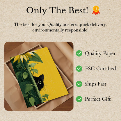 Black Cat Among Sunflowers Poster