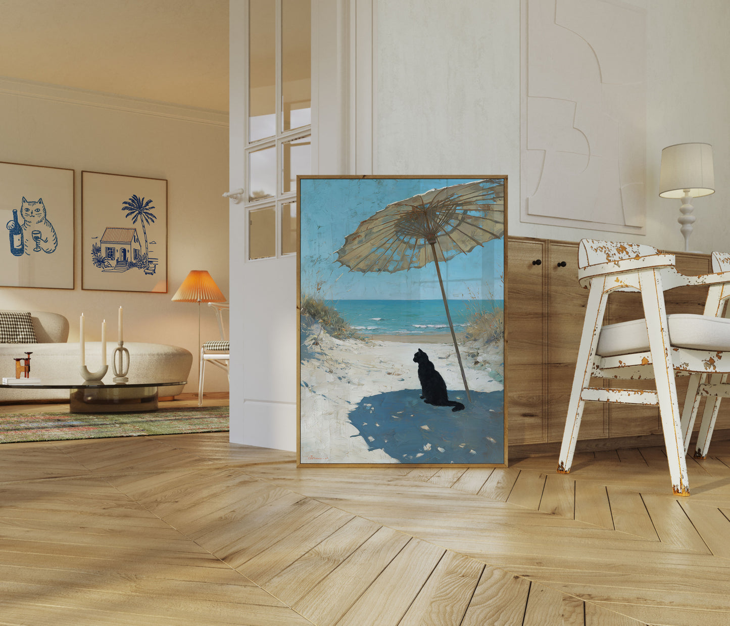 Svart Katt Strand Paraply Affisch