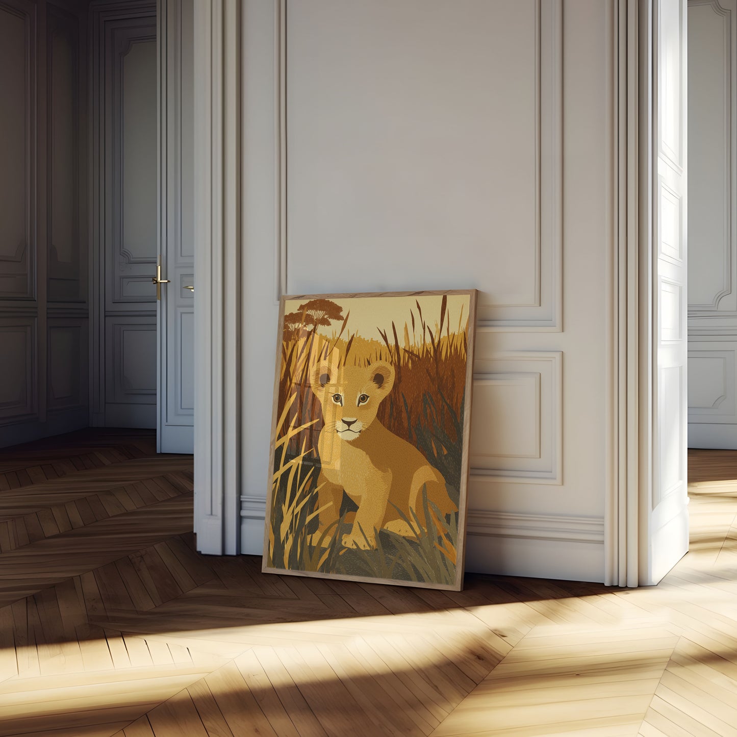 Young Lion Cub in Grassland Poster