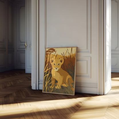 Young Lion Cub in Grassland Poster