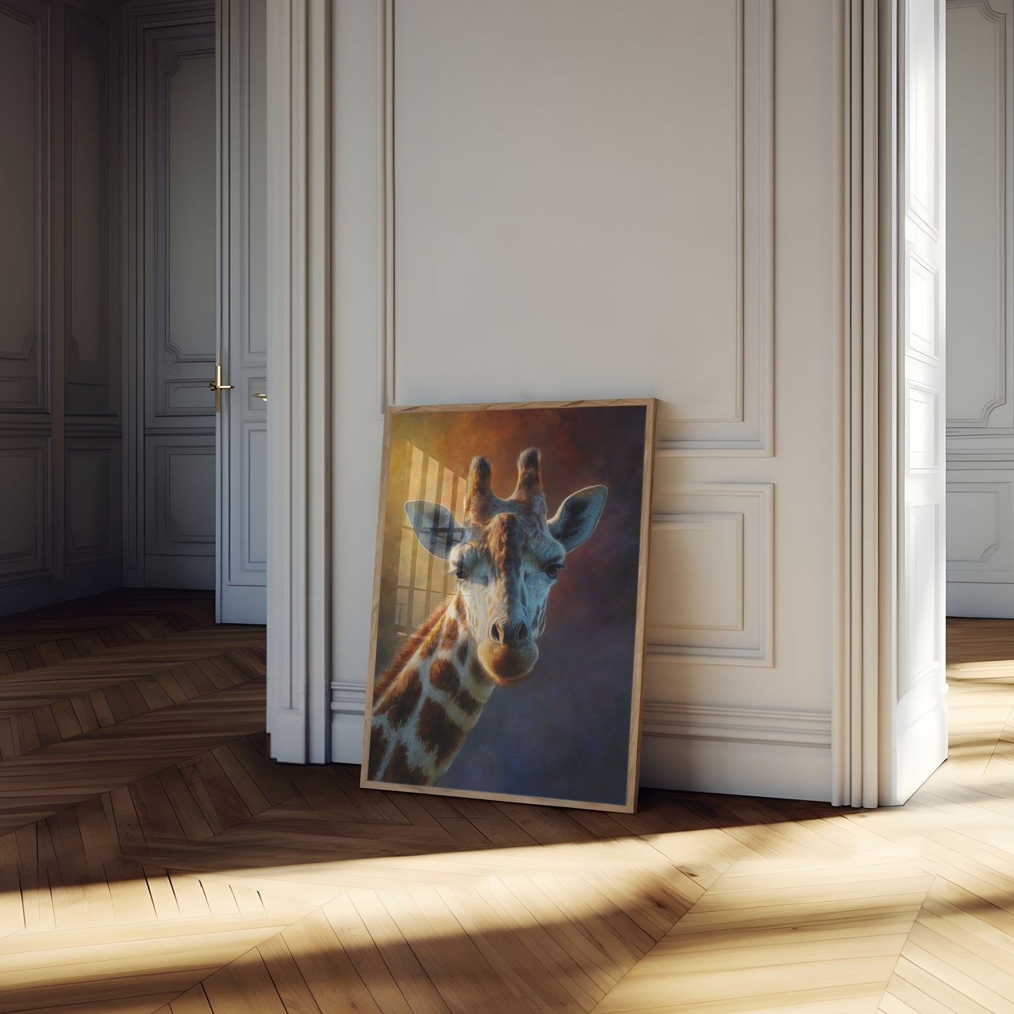 Póster de jirafa con luz dorada